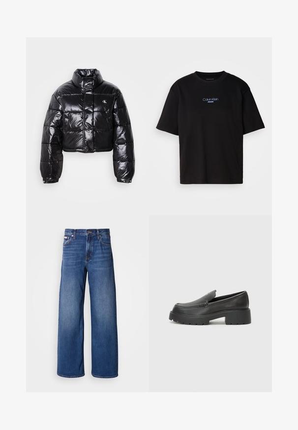 Zkrátená čierna prešívaná bunda s lesklým povrchom, vysokým golierom, predným zipsom a detailom loga. Obsahuje nadrozšírené rukávy a prešívané časti.; Čierne bavlnené tričko s okrúhlym výstrihom, krátkymi rukávmi a modrým vyšívaným logom "Calvin Klein JEANS" na prednej strane.; Džínsy s širokými nohavicami v tmavomodrej farbe, s vysokým pásom, piatimi vreckami a jemným vyblednutím na prednej strane pre pridanie textúry a detailu.; Čierne kožené mokasíny s okrúhlou špičkou, hrubou textúrovanou podrážkou a minimom stehovej výzdoby. Štíhly dizajn bez viditeľných šnúr alebo kovania.