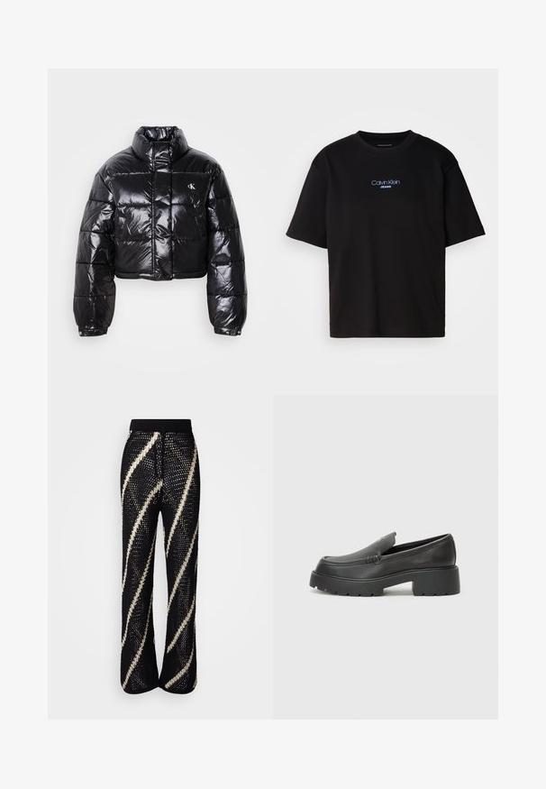Skrajšana črna pufasta jakna z sijajno površino, visokim ovratnikom, sprednjim zadrgo in detajlom logotipa. Ima prevelike rokave in kviltane dele.; Črna bombažna majica s krožnim izrezom, kratkimi rokavi in modrim vezenim logotipom "Calvin Klein JEANS" na sprednji strani.; Pletene črne hlače z širokimi nogavicami, ki imajo drzne, diagonalne bele črte. Elastičen pas in teksturirana tkanina.; Črne usnjene loafers čevlje z zaobljenim nosom, debelim teksturiranim podplatom in minimalnimi šivi. Elegantna zasnova brez vidnih vezalk ali kovinskih delov.