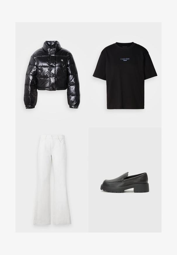 Gekürzte schwarze Steppjacke mit glänzender Oberfläche, hohem Kragen, Frontreißverschluss und Logodetail. Verfügt über übergroße Ärmel und gesteppte Abschnitte.; Schwarzes Baumwoll-T-Shirt mit Rundhalsausschnitt, kurzen Ärmeln und blau gesticktem "Calvin Klein JEANS"-Logo auf der Vorderseite.; Weiße, ausgestellte Jeans aus Denim mit hoher Taille, ausgestattet mit Fronttaschen, Gürtelschlaufen und einem klassischen Knopfverschluss. Glatte Textur, lässiges Design.; Schwarze Lederloafer mit einer abgerundeten Spitze, dicker strukturierten Laufsohle und minimalen Nähten. Schlankes Design ohne sichtbare Schnürsenkel oder Beschläge.