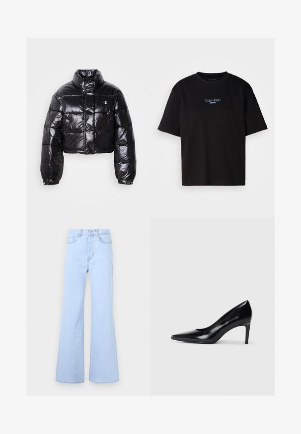 Skrajšana črna pufasta jakna z sijajno površino, visokim ovratnikom, sprednjim zadrgo in detajlom logotipa. Ima prevelike rokave in kviltane dele.; Črna bombažna majica s krožnim izrezom, kratkimi rokavi in modrim vezenim logotipom "Calvin Klein JEANS" na sprednji strani.; Svetlo modri zvonasti traperici z visokim pasom, ki imajo pet žepov, zapiranje na gumb in gladko teksturo denima. Rob je čisto našit.; Črna usnjena črna čevlja na visokem petu z zašiljenim prstom, gladko teksturo in zoženim peto. Minimalističen dizajn, brez dodatnih okraskov.