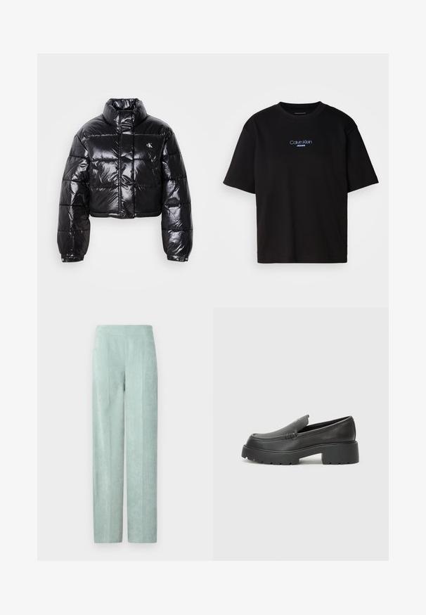 Geknipt zwart pufferjack met glanzende afwerking, hoge kraag, ritssluiting aan de voorkant en logodetail. Beschikt over oversized mouwen en gestikte delen.; Zwart katoenen T-shirt met ronde hals, korte mouwen en blauw geborduurd "Calvin Klein JEANS" logo op de voorkant.; DRYKORN BEFORE - Broek - blue; Zwarte leren instappers met een ronde neus, dikke getextureerde zool en minimale stikseldetails. Strak ontwerp zonder zichtbare veters of hardware.