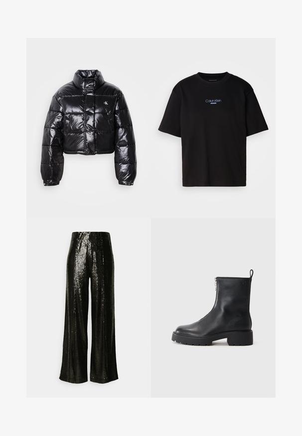Lühendatud must puffer-jakk läikiva viimistlusega, kõrge krae, eeslukuga ja logodetailiga. Omab üleöö suuruseid varrukaid ja tikitud sektsioone.; Mustmust särk ümmarguse kaelusega, lühikeste varrukatega ja sinise tikandiga "Calvin Klein JEANS" logo ees.; Mustmustreeritud laiad püksid suursuguse tekstuuriga ja kõrge vöökohaga, peegeldades valgust läikiva viimistlusega.; Mustad mustad naha pahklu saabas, millel on külgkinnitus, ümar varvas ja jäme, tekstuuriga tald. Külje peal on peene brändingu jälg.
