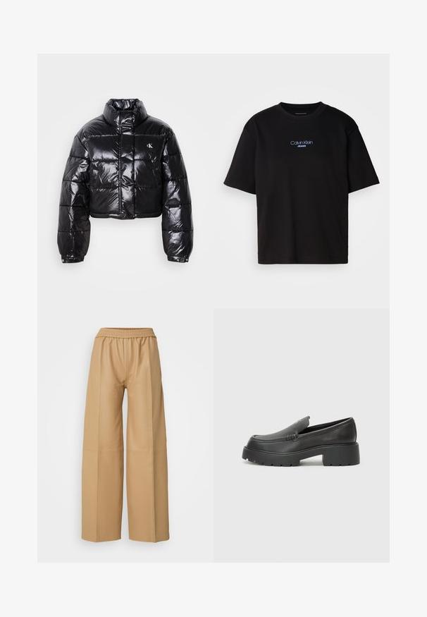 Avklippt svart pufferjacka med glänsande yta, hög krage, framfickor med dragkedja och logodetalj. Har överdimensionerade ärmar och vadderade sektioner.; Svart bomulls T-shirt med rund nacke, korta ärmar och blå broderad "Calvin Klein JEANS" logotyp på framsidan.; Beiga fusk läder vida byxor med elastisk midja och vertikala sömdetaljer, med en slät, matt yta.; Svarta läderloafers med rund tå, tjockt strukturerat såle och minimala sömnadsdetaljer. Snygg design utan synliga snören eller beslag.