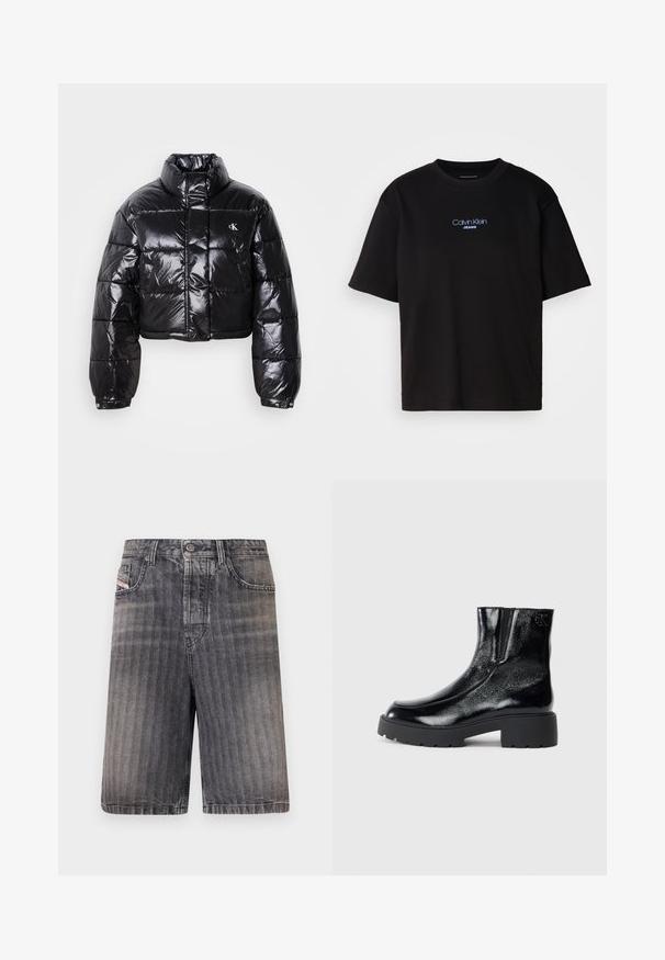 Skraćena crna jakna od puf materijala sa sjajnom završnom obradom, visokim ovratnikom, prednjim patentnim zatvaračem i detaljem s logotipom. Ima ogroman rukav i kviltane dijelove.; Crna pamučna majica s okruglim izrezom, kratkim rukavima i plavim izvezenim logom "Calvin Klein JEANS" na prednjoj strani.; Sive traperice kratke hlače ravnog kroja, s kopčanjem na dugme, prednjim džepovima i suptilnom izblijedjelom teksturom.; Crne gležnjače s sjajnim lakiranim završetkom, debelim crnim gumastim potplatima i povišenim potpeticama; uključuju suptilan detalj loga sa strane.