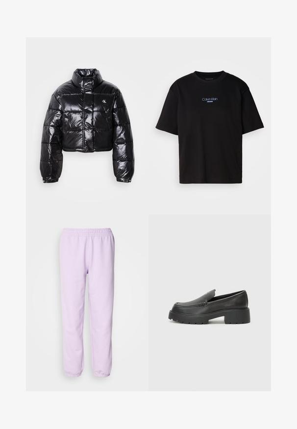 Skrajšana črna pufasta jakna z sijajno površino, visokim ovratnikom, sprednjim zadrgo in detajlom logotipa. Ima prevelike rokave in kviltane dele.; Črna bombažna majica s krožnim izrezom, kratkimi rokavi in modrim vezenim logotipom "Calvin Klein JEANS" na sprednji strani.; Svetlo vijolične trenirke iz mehkega blaga, z elastičnim pasom in elastičnimi manšeti na gležnjih. Preprost dizajn, brez vzorcev.; Črne usnjene loafers čevlje z zaobljenim nosom, debelim teksturiranim podplatom in minimalnimi šivi. Elegantna zasnova brez vidnih vezalk ali kovinskih delov.