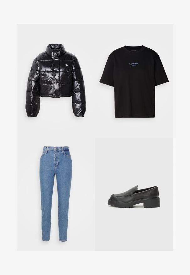 Skrajšana črna pufasta jakna z sijajno površino, visokim ovratnikom, sprednjim zadrgo in detajlom logotipa. Ima prevelike rokave in kviltane dele.; Črna bombažna majica s krožnim izrezom, kratkimi rokavi in modrim vezenim logotipom "Calvin Klein JEANS" na sprednji strani.; Modre hlače z visokim pasom in ravnimi nogavicami, s sprednjim gumbom in zadrgo, zankami za pas in žepi, prikazane na enobarvni beli podlagi.; Črne usnjene loafers čevlje z zaobljenim nosom, debelim teksturiranim podplatom in minimalnimi šivi. Elegantna zasnova brez vidnih vezalk ali kovinskih delov.