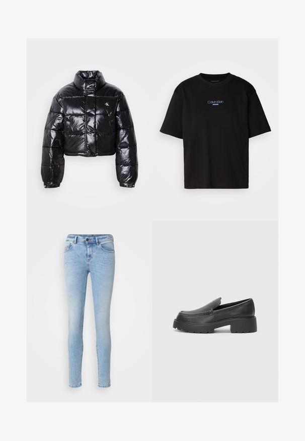 Trumpas juodas pūkinis paltas su blizgiu paviršiumi, aukšta apykakle, priekiniais užtrauktukais ir logotipo detalėmis. Yra plačios rankovės ir siuvinėtos dalys.; Juodas medvilnės marškinėliai su apykakle, trumpomis rankovėmis ir mėlynai siuvinėtu "Calvin Klein JEANS" logotipu priekyje.; Šviesiai mėlyni laisvi džinsai iš džinsinio audinio, su penkiomis kišenėmis, užsegimu mygtuku ir subtiliu nusidėvėjimu tekstūrai. Klasikinis dizainas su švariais linijomis.; Juodi odiniai loaferiai su apvaliu pirštu, storu tekstūruotu padu ir minimaliu siūlių dekoru. Išskirtinis dizainas be matomų raištelių ar furnitūros.