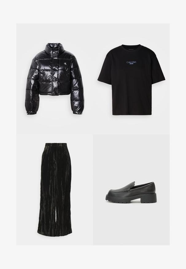 Kuttet svart dunjakke med glatt finish, høy krage, frontlås og logo-detalj. Den har overdimensjonerte ermer og quiltede seksjoner.; Sort bomull t-skjorte med rund hals, korte ermer, og blå brodert "Calvin Klein JEANS" logo på forsiden.; Sorte, plissert vide bukser laget av et teksturert stoff, med vertikale striper og en midje uten synlig maskinvare.; Sorte skinnloafers med rund tå, tykk teksturert såle og minimale sømdetaljer. Strømlinjeformet design uten synlige snørebånd eller hardvarer.