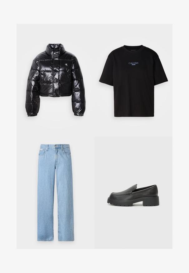 Zkrátená čierna prešívaná bunda s lesklým povrchom, vysokým golierom, predným zipsom a detailom loga. Obsahuje nadrozšírené rukávy a prešívané časti.; Čierne bavlnené tričko s okrúhlym výstrihom, krátkymi rukávmi a modrým vyšívaným logom "Calvin Klein JEANS" na prednej strane.; Svetlo modré široké džínsy vyrobené z denimu, s stredne vysokým pásom, kovovým gombíkom a piatimi vreckami s viditeľnými detailmi šitia.; Čierne kožené mokasíny s okrúhlou špičkou, hrubou textúrovanou podrážkou a minimom stehovej výzdoby. Štíhly dizajn bez viditeľných šnúr alebo kovania.