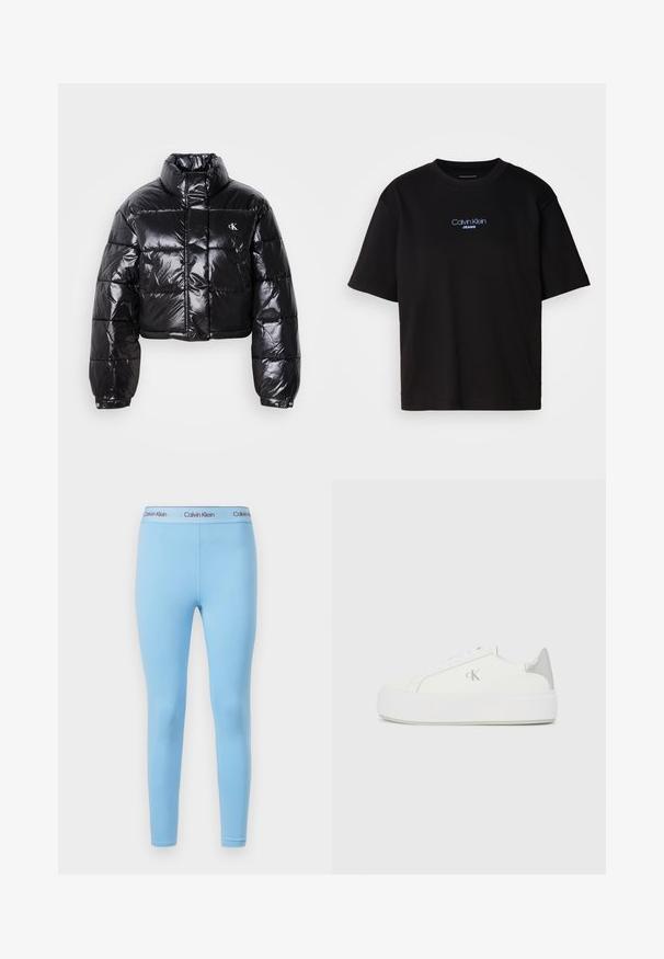 Zkrátená čierna prešívaná bunda s lesklým povrchom, vysokým golierom, predným zipsom a detailom loga. Obsahuje nadrozšírené rukávy a prešívané časti.; Čierne bavlnené tričko s okrúhlym výstrihom, krátkymi rukávmi a modrým vyšívaným logom "Calvin Klein JEANS" na prednej strane.; Modré legíny vyrobené z hladkej, elastickej látky, ktoré majú jednoliatu farbu a pás s logom "Calvin Klein" v kontrastných farbách.; Biele plátené tenisky s hrubou bielou podrážkou, so strieborným kovovým akcentom na päte a jemným logom na boku.