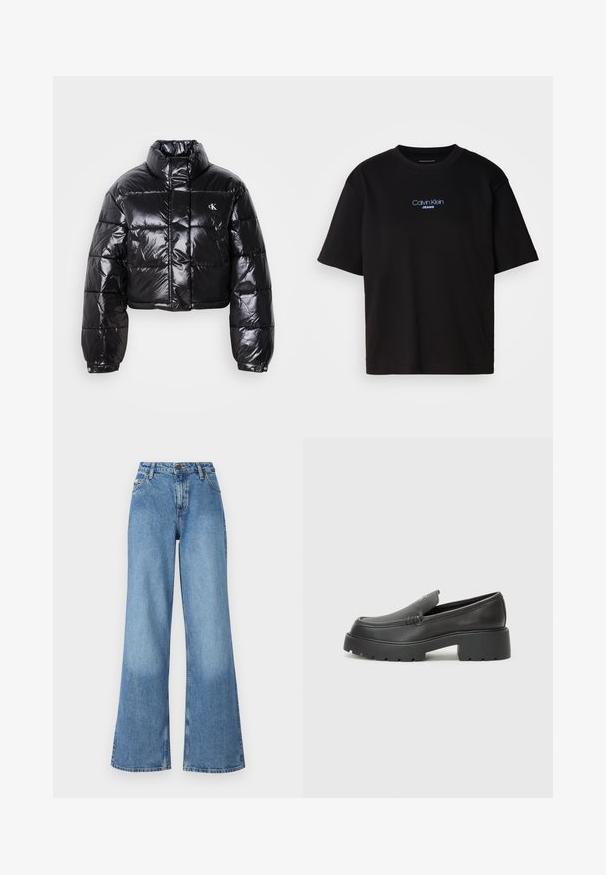 Casaco puffer preto cropped com acabamento brilhante, gola alta, fecho éclair à frente e detalhe de logótipos. Apresenta mangas oversized e secções acolchoadas.; T-shirt preta de algodão com gola redonda, mangas curtas e logo bordado azul "Calvin Klein JEANS" na parte da frente.; Jeans de ganga azul de cintura alta e pernas largas, com bolsos frontais, passadores de cinto e fecho de botão e zíper.; Mocassins de couro preto com bico arredondado, sola espessa e texturizada, e detalhes de costura minimalistas. Design elegante sem atacadores ou ferragens visíveis.