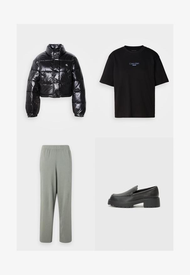 Giacca a vento nera cropped con finitura lucida, colletto alto, zip frontale e dettaglio con logo. Presenta maniche oversized e sezioni trapuntate.; T-shirt nera in cotone con colletto rotondo, maniche corte e logo ricamato blu "Calvin Klein JEANS" sul davanti.; Pantaloni elasticizzati grigio chiaro con gamba dritta, realizzati in materiale morbido, con una texture liscia e senza modelli o dettagli visibili.; Mocassini in pelle nera con punta arrotondata, suola spessa e testurizzata, e minime cuciture. Design elegante senza lacci o parti metalliche visibili.