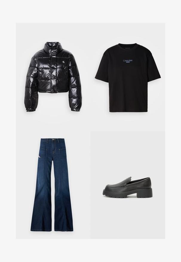 Skraćena crna jakna od puf materijala sa sjajnom završnom obradom, visokim ovratnikom, prednjim patentnim zatvaračem i detaljem s logotipom. Ima ogroman rukav i kviltane dijelove.; Crna pamučna majica s okruglim izrezom, kratkim rukavima i plavim izvezenim logom "Calvin Klein JEANS" na prednjoj strani.; Tamno plave traperice sa širokim nogavicama i visokim strukom, velikim prednjim džepovima i kontrastnim šavovima. Sadrži zatvaranje na dugme i teksturirani traper.; Crne kožne loaferice s zaobljenim vrhom, debelim teksturiranim potplatom i minimalnim detaljima šivanja. Elegantna izrada bez vidljivih vezica ili metalnih elemenata.