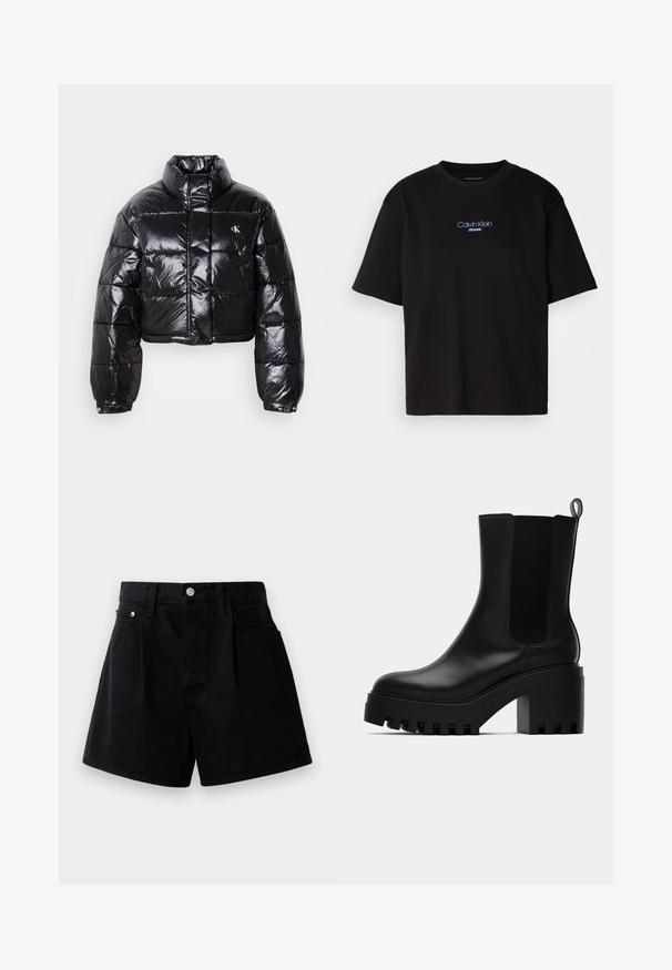 Trumpas juodas pūkinis paltas su blizgiu paviršiumi, aukšta apykakle, priekiniais užtrauktukais ir logotipo detalėmis. Yra plačios rankovės ir siuvinėtos dalys.; Juodas medvilnės marškinėliai su apykakle, trumpomis rankovėmis ir mėlynai siuvinėtu "Calvin Klein JEANS" logotipu priekyje.; Juodos džinsinės šortai tiesiu kirpimu, su sagų uždarymu, dviem priekinėmis kišenėmis ir minkšta, tekstūruota medžiaga.; Juodi odiniai kulkšniniai batai su apvaliu nosiu, masyviu platformos padu ir tinklelio šoninėmis detalėmis. Yra traukimo kilpa, skirta patogiam užsidėjimui.