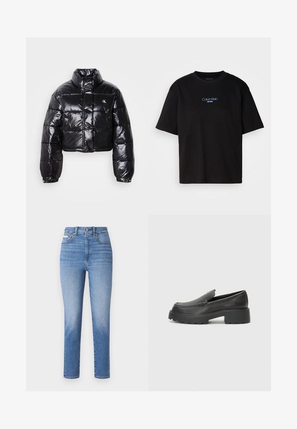 Casaco puffer preto cropped com acabamento brilhante, gola alta, fecho éclair à frente e detalhe de logótipos. Apresenta mangas oversized e secções acolchoadas.; T-shirt preta de algodão com gola redonda, mangas curtas e logo bordado azul "Calvin Klein JEANS" na parte da frente.; Jeans de ganga de cor azul clara com uma cintura alta, pernas direitas e desbotados subtis. Apresenta passantes para cinto, cinco bolsos e fecho com botão de metal.; Mocassins de couro preto com bico arredondado, sola espessa e texturizada, e detalhes de costura minimalistas. Design elegante sem atacadores ou ferragens visíveis.