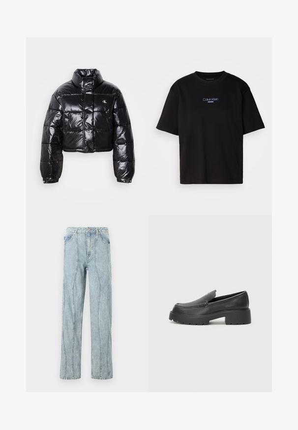 Casaco puffer preto cropped com acabamento brilhante, gola alta, fecho éclair à frente e detalhe de logótipos. Apresenta mangas oversized e secções acolchoadas.; T-shirt preta de algodão com gola redonda, mangas curtas e logo bordado azul "Calvin Klein JEANS" na parte da frente.; Jeans de denim azul claro com corte reto, apresentando costuras verticais e um design clássico de cinco bolsos.; Mocassins de couro preto com bico arredondado, sola espessa e texturizada, e detalhes de costura minimalistas. Design elegante sem atacadores ou ferragens visíveis.