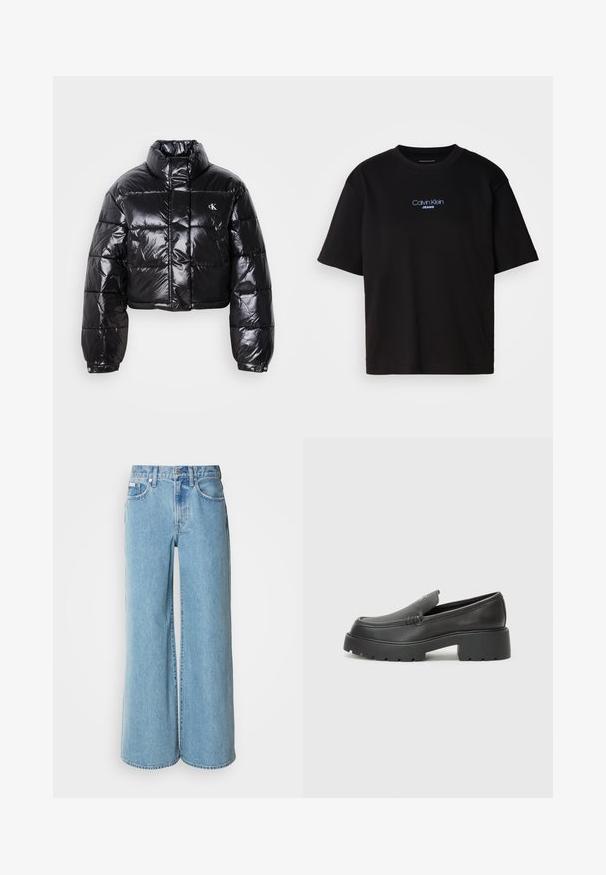 Cropped black puffer jacket with glossy finish, high collar, front zipper, and logo detail. Features oversized sleeves and quilted sections.; Black cotton t-shirt with a round neck, short sleeves, and blue embroidered "Calvin Klein JEANS" logo on the front.; Light blue wide-leg jeans made of denim, featuring a high waist, five-pocket design, and subtle fading along the fabric.; Black leather loafers with a rounded toe, thick textured sole, and minimal stitching details. Sleek design with no visible laces or hardware.
