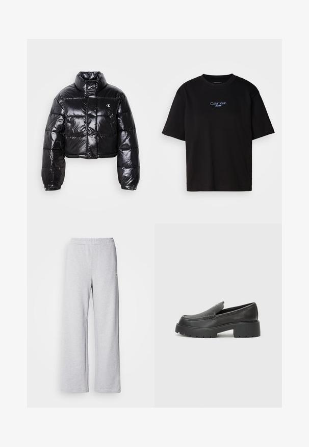 Avklippt svart pufferjacka med glänsande yta, hög krage, framfickor med dragkedja och logodetalj. Har överdimensionerade ärmar och vadderade sektioner.; Svart bomulls T-shirt med rund nacke, korta ärmar och blå broderad "Calvin Klein JEANS" logotyp på framsidan.; Ljusgrå sweatpants med bred bendesign, elastisk midja och subtila sömdetaljer. Tillverkade av mjuk, andningsbar tyg.; Svarta läderloafers med rund tå, tjockt strukturerat såle och minimala sömnadsdetaljer. Snygg design utan synliga snören eller beslag.