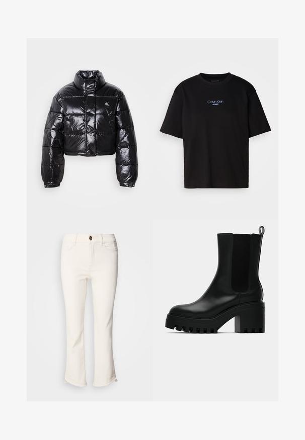 Izgriezta melna pūkainā jaka ar spīdīgu apdari, augstu apkakli, priekšējiem rāvējslēdzējiem un logotipa detaļām. Iezīmējas ar pārspīlētiem piedurknēm un quilted sekcijām.; Melna kokvilnas T-kreklu ar apaļu kaklu, īsām piedurknēm un zilu izšūtu "Calvin Klein JEANS" logo priekšpusē.; Baltas, īss zābakbikses ar izplestām apakšmalām. Aprīkots ar pogu aizdari, priekšējām kabatām un nedaudz izbalētu apakšmalu. Denimi audums.; Melna ādas potītes zābaks ar apaļu purngalu, masīvu platformas zoli un sietiņa sānu akcentiem. Iekļauts vilkšanas cilpiņa ērtai uzvilkšanai.