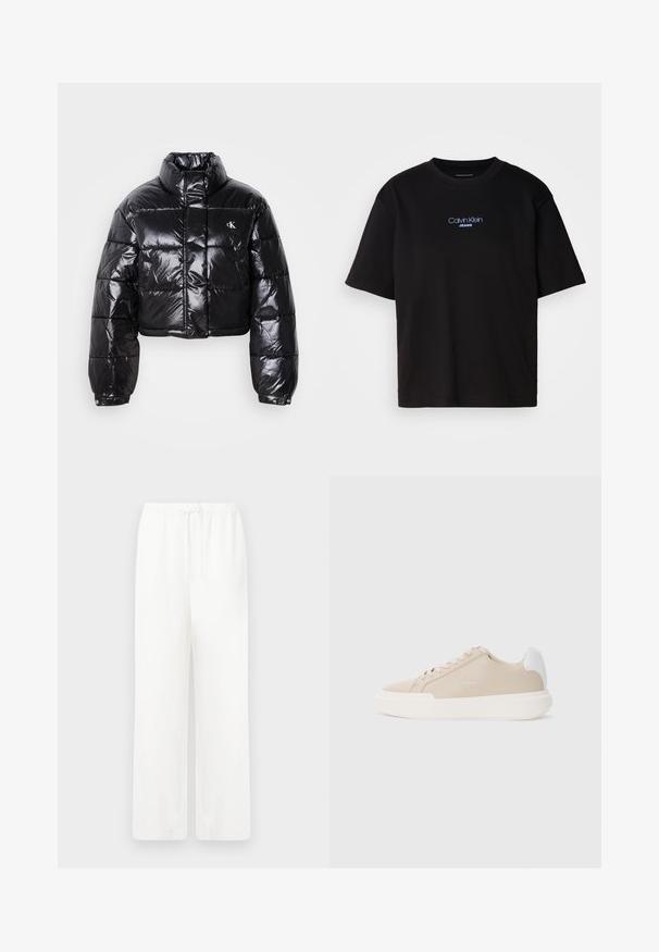 Avklippt svart pufferjacka med glänsande yta, hög krage, framfickor med dragkedja och logodetalj. Har överdimensionerade ärmar och vadderade sektioner.; Svart bomulls T-shirt med rund nacke, korta ärmar och blå broderad "Calvin Klein JEANS" logotyp på framsidan.; Vita, vida byxor i lösa ben gjorda av lättviktig tyg med elastisk midja och knytning. Slät textur, inga synliga mönster eller hårdvara.; Beige lädersneaker med en vit bakdetalj, platt vit sula och tonad sömnad med logotypdetalj på sidan.