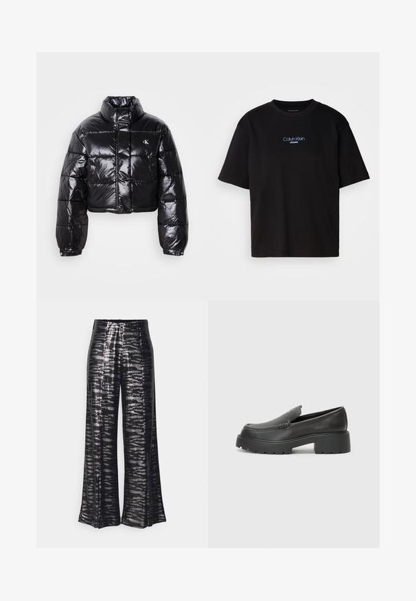Kuttet svart dunjakke med glatt finish, høy krage, frontlås og logo-detalj. Den har overdimensjonerte ermer og quiltede seksjoner.; Sort bomull t-skjorte med rund hals, korte ermer, og blå brodert "Calvin Klein JEANS" logo på forsiden.; Sorte vide bukser med en skinnende pailletstruktur og et bølget mønster. Høj talje-design, flydende silhuet og glat finish.; Sorte skinnloafers med rund tå, tykk teksturert såle og minimale sømdetaljer. Strømlinjeformet design uten synlige snørebånd eller hardvarer.