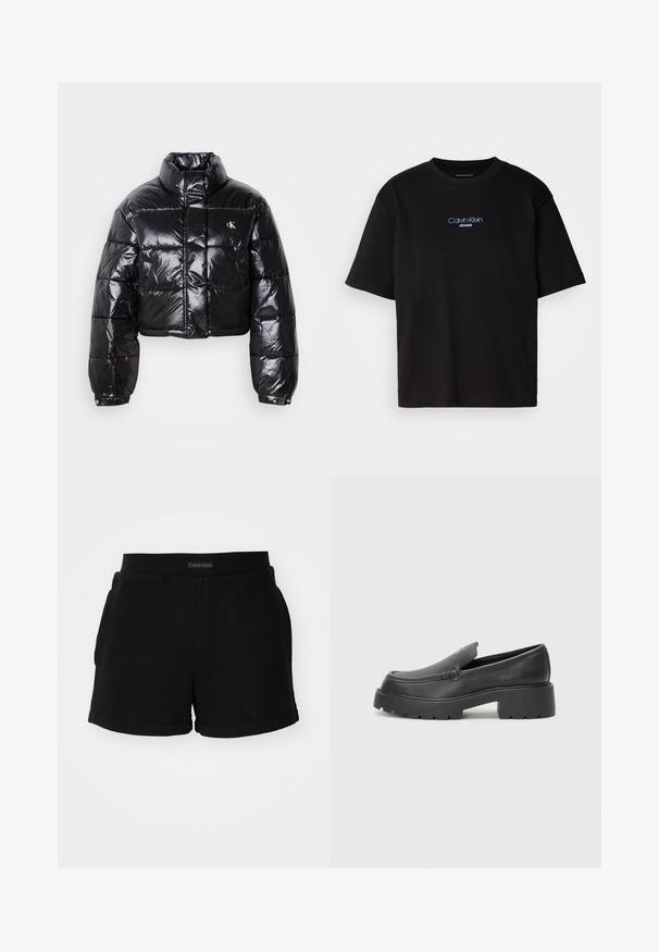 Kuttet svart dunjakke med glatt finish, høy krage, frontlås og logo-detalj. Den har overdimensjonerte ermer og quiltede seksjoner.; Sort bomull t-skjorte med rund hals, korte ermer, og blå brodert "Calvin Klein JEANS" logo på forsiden.; Sorte bomullsshorts med ribbestrikket midjebånd, sidelommer og avrundetkant. Logo vist på midjebåndet.; Sorte skinnloafers med rund tå, tykk teksturert såle og minimale sømdetaljer. Strømlinjeformet design uten synlige snørebånd eller hardvarer.