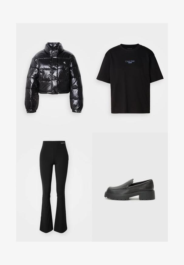 Casaco puffer preto cropped com acabamento brilhante, gola alta, fecho éclair à frente e detalhe de logótipos. Apresenta mangas oversized e secções acolchoadas.; T-shirt preta de algodão com gola redonda, mangas curtas e logo bordado azul "Calvin Klein JEANS" na parte da frente.; Leggings pretas de boca larga feitos de um tecido elástico, com uma cintura alta e um pequeno logotipo branco na frente. Textura suave.; Mocassins de couro preto com bico arredondado, sola espessa e texturizada, e detalhes de costura minimalistas. Design elegante sem atacadores ou ferragens visíveis.