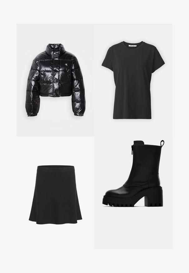 Chaqueta acolchada negra recortada con acabado brillante, cuello alto, cremallera frontal y detalle de logo. Presenta mangas oversize y secciones acolchadas.; Camiseta de algodón negra con cuello redondo clásico, mangas cortas y un ajuste relajado. Textura suave, sin patrones ni acentos visibles.; Falda mini negra acampanada hecha de material suave con una textura lisa y una cinturilla ancha. Presenta un diseño sencillo sin patrones ni acentos.; Botín negro de cuero hasta el tobillo con suela de goma gruesa, tacón cuadrado, cremallera lateral y tirador en la parte posterior sobre un fondo blanco liso.