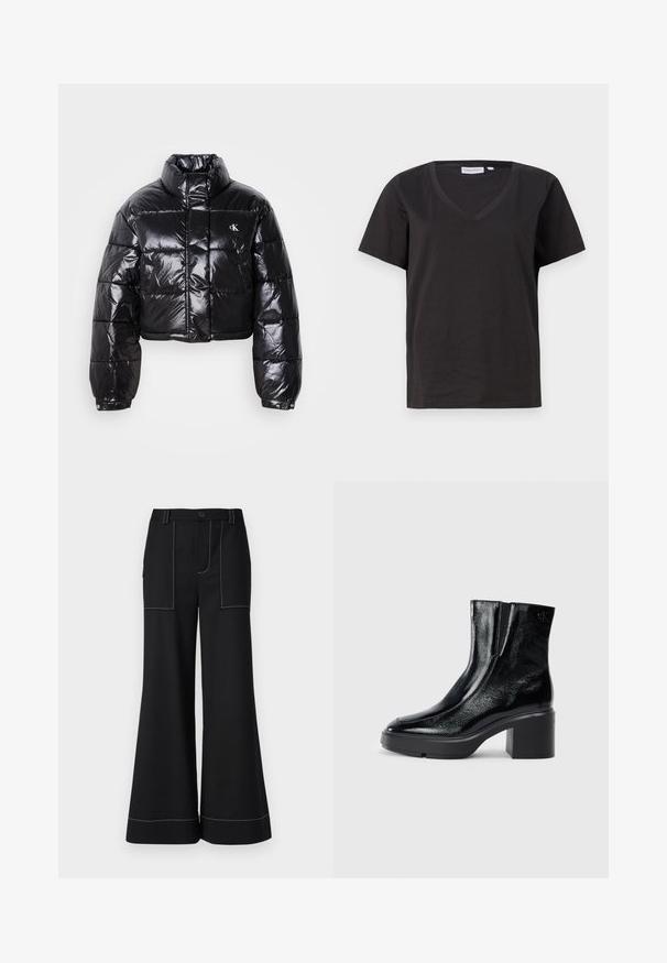 Skraćena crna jakna od puf materijala sa sjajnom završnom obradom, visokim ovratnikom, prednjim patentnim zatvaračem i detaljem s logotipom. Ima ogroman rukav i kviltane dijelove.; Crni pamučni T-shirt s V-izrezom i kratkim rukavima. Jednostavan dizajn s regularnom krojem i bez uzoraka ili akcenta.; Crne hlače širokih nogavica s vidljivim bijelim šavovima, s kopčanjem na gumb i dva prednja džepa. Glatka tkanina s krojenim dizajnom.; Crne lakirane gležnjače s zakrivljenim prstom, elastičnim bočnim panelima i masivnom blok petom. Sadrže urezani logo na leđima.