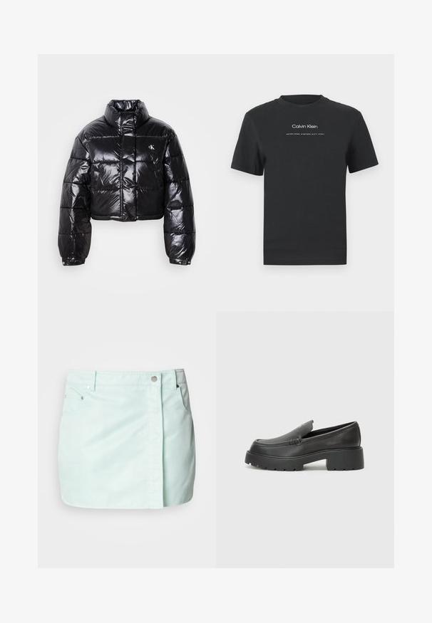 Skrajšana črna pufasta jakna z sijajno površino, visokim ovratnikom, sprednjim zadrgo in detajlom logotipa. Ima prevelike rokave in kviltane dele.; Črna bombažna majica s krožnim izrezom, kratkimi rokavi in belim potiskanjem logotipa "Calvin Klein" ter besedilom "Ustanovljen 1968".; Svijetlo zeleni traper suknja s prednjim gumbom i zatvaračem, dva bočna džepa i čistom, glatkom teksturom.; Črne usnjene loafers čevlje z zaobljenim nosom, debelim teksturiranim podplatom in minimalnimi šivi. Elegantna zasnova brez vidnih vezalk ali kovinskih delov.