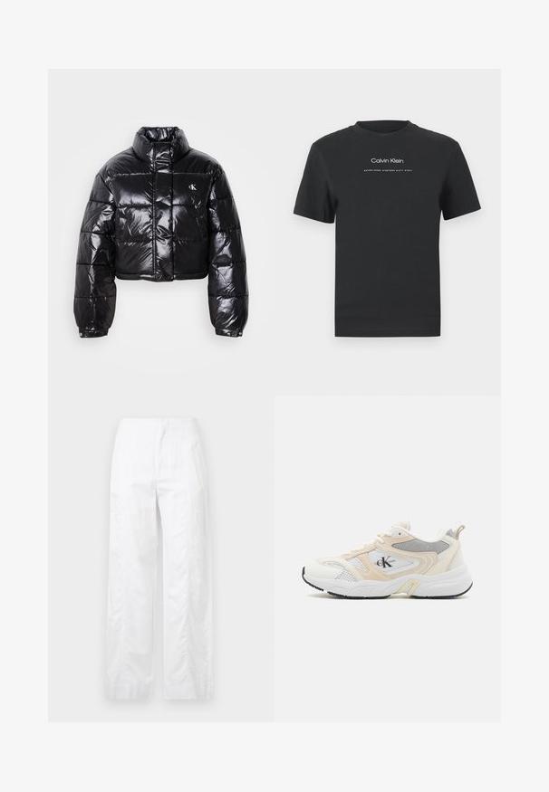 Skraćena crna jakna od puf materijala sa sjajnom završnom obradom, visokim ovratnikom, prednjim patentnim zatvaračem i detaljem s logotipom. Ima ogroman rukav i kviltane dijelove.; Crna pamučna majica s okruglim izrezom, kratkim rukavima i bijelim otisnutim logotipom "Calvin Klein" te tekstom "Osnovano 1968."; Bijele široke hlače od laganog materijala, s glatkom teksturom, čistim linijama i visokim strukom.; Bijele i svijetlosmeđe atletske tenisice s mrežastim i sintetičkim materijalima, s debelim potplatom, teksturiranim detaljima i logom s strane.