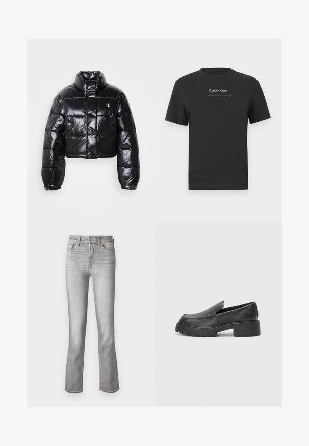 Fekete, fényes felületű, vágott pufi dzseki, magas gallérral, elülső cipzárral és logó részlettel. Tágas ujjakkal és steppelt részekkel rendelkezik.; Fekete pamut póló kerek nyakkivágással, rövid ujjakkal, fehér nyomott "Calvin Klein" logóval és "Established 1968" felirattal.; Szürke farmernadrág egyenes szárú fazonnal, elülső gombos záródással, öt zsebbel és diszkrét kopással a textúra érdekében.; Fekete bőr loafer cipők kerek orral, vastag, texturált talppal és minimális varrási részletekkel. Áramvonalas dizájn, látható fűzők vagy fém részek nélkül.