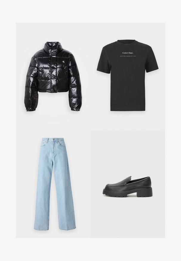 Skraćena crna jakna od puf materijala sa sjajnom završnom obradom, visokim ovratnikom, prednjim patentnim zatvaračem i detaljem s logotipom. Ima ogroman rukav i kviltane dijelove.; Crna pamučna majica s okruglim izrezom, kratkim rukavima i bijelim otisnutim logotipom "Calvin Klein" te tekstom "Osnovano 1968."; Svijetloplave široke traperice izrađene od denima, s visokim strukom, dizajnom s pet džepova i ravnim rubom.; Crne kožne loaferice s zaobljenim vrhom, debelim teksturiranim potplatom i minimalnim detaljima šivanja. Elegantna izrada bez vidljivih vezica ili metalnih elemenata.