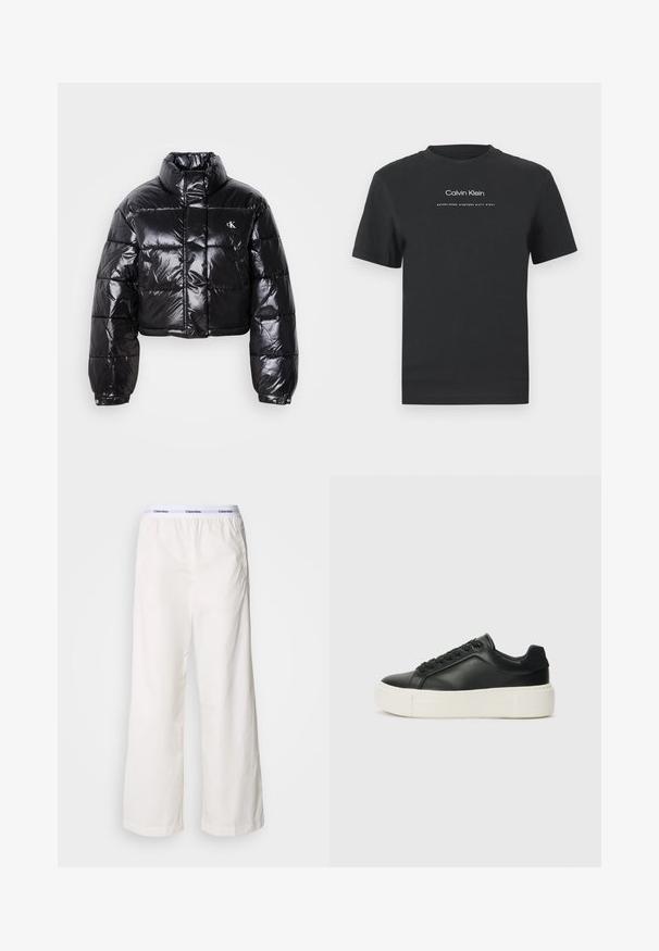 Fekete, fényes felületű, vágott pufi dzseki, magas gallérral, elülső cipzárral és logó részlettel. Tágas ujjakkal és steppelt részekkel rendelkezik.; Fekete pamut póló kerek nyakkivágással, rövid ujjakkal, fehér nyomott "Calvin Klein" logóval és "Established 1968" felirattal.; Fehér, bő szárú nadrág elasztikus derékkal, eltérő Calvin Klein logóval. Simaságával kényelmes viseletet biztosít.; Fekete bőr sportcipő lekerekített orral, fehér platformtalppal és fekete fűzőkkel. Diszkrét logó található a sarokon és sima felülete van.