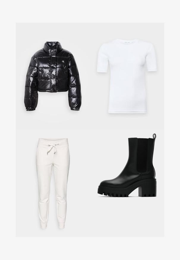 Geknipt zwart pufferjack met glanzende afwerking, hoge kraag, ritssluiting aan de voorkant en logodetail. Beschikt over oversized mouwen en gestikte delen.; Witte korte mouw t-shirt gemaakt van katoen. Heeft een ronde halslijn en een gladde textuur, met minimale stiksels zichtbaar aan de zoom.; Witte sweatpants van zachte stof, met een trekkoord in de taille, elastische boorden en twee zijzakken voor praktische doeleinden.; Zwarte lederen enkelboot met ronde neus, chunky plateauzool en mesh zijaccenten. Voorzien van een trekband voor gemakkelijk aan- en uittrekken.