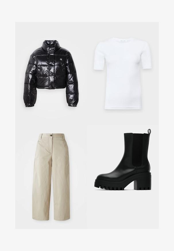 Kuttet svart dunjakke med glatt finish, høy krage, frontlås og logo-detalj. Den har overdimensjonerte ermer og quiltede seksjoner.; Hvit kortermet t-skjorte laget av bomull. Har en rund halslinning og en glatt tekstur, med minimal søm synlig i sømmen.; Beige høy midje vide benbukser med knapp og glidelås, beltehemper og sidelommer, vist på en hvit bakgrunn.; Sorte lær ankelstøvle med rund tå, chunky plattformsåle og mesh-sider. Har en pull-tab for enkel påføring.