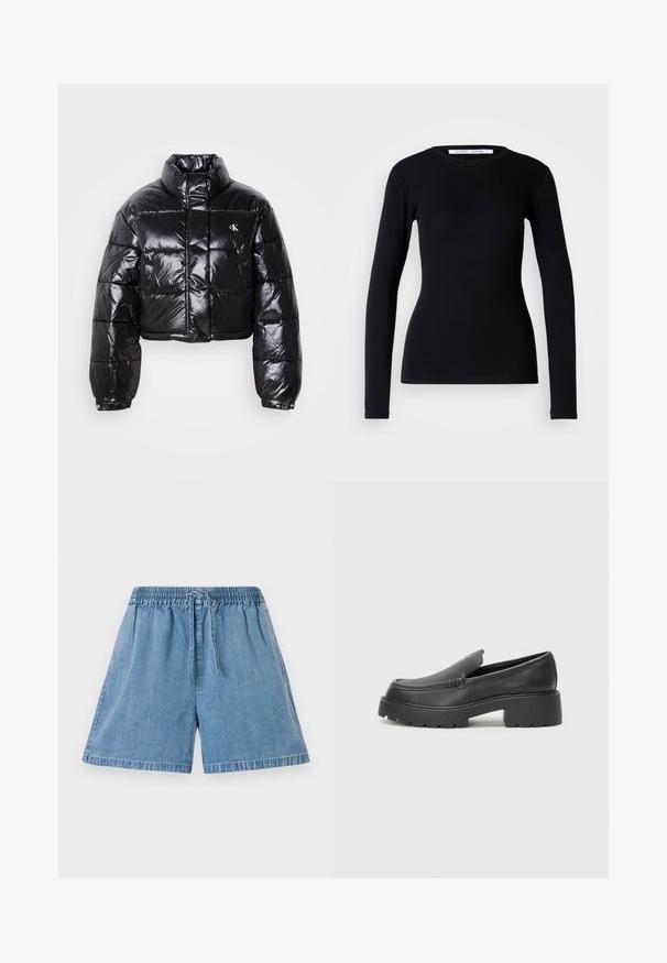 Casaco puffer preto cropped com acabamento brilhante, gola alta, fecho éclair à frente e detalhe de logótipos. Apresenta mangas oversized e secções acolchoadas.; Top preto de manga longa feito de tecido canelado. Apresenta um decote redondo e forma ajustada. Sem padrões ou adornos. Design simples.; Calções de ganga em azul claro com um cós elástico e cordão. Apresentam bolsos laterais e um corte descontraído com bainhas cosidas.; Mocassins de couro preto com bico arredondado, sola espessa e texturizada, e detalhes de costura minimalistas. Design elegante sem atacadores ou ferragens visíveis.