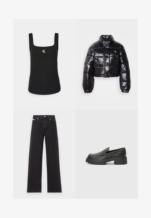 Avklippt svart pufferjacka med glänsande yta, hög krage, framfickor med dragkedja och logodetalj. Har överdimensionerade ärmar och vadderade sektioner.; Svart linne med fyrkantig halsringning, ribbad textur och en liten vit "cK"-logotyp på bröstet, med breda axelremmar.; Svarta vida jeans i denim med hög midja, fem fickor och metallknappstängning med kontrasterande sömmar.; Svarta läderloafers med rund tå, tjockt strukturerat såle och minimala sömnadsdetaljer. Snygg design utan synliga snören eller beslag.