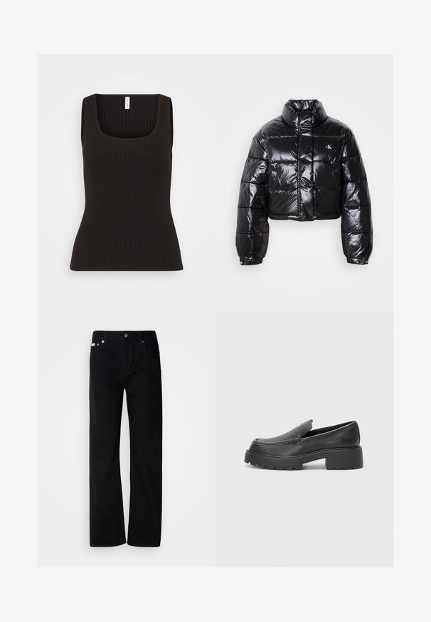 Skrajšana črna pufasta jakna z sijajno površino, visokim ovratnikom, sprednjim zadrgo in detajlom logotipa. Ima prevelike rokave in kviltane dele.; Samsøe Samsøe AMANZA TANK - Top - black; Črne jeanske hlače ravnega kroja s petimi žepi, srebrnimi zakovicami in gumbom za zapiranje. Tkanina ima gladko, rahlo strukturirano površino.; Črne usnjene loafers čevlje z zaobljenim nosom, debelim teksturiranim podplatom in minimalnimi šivi. Elegantna zasnova brez vidnih vezalk ali kovinskih delov.
