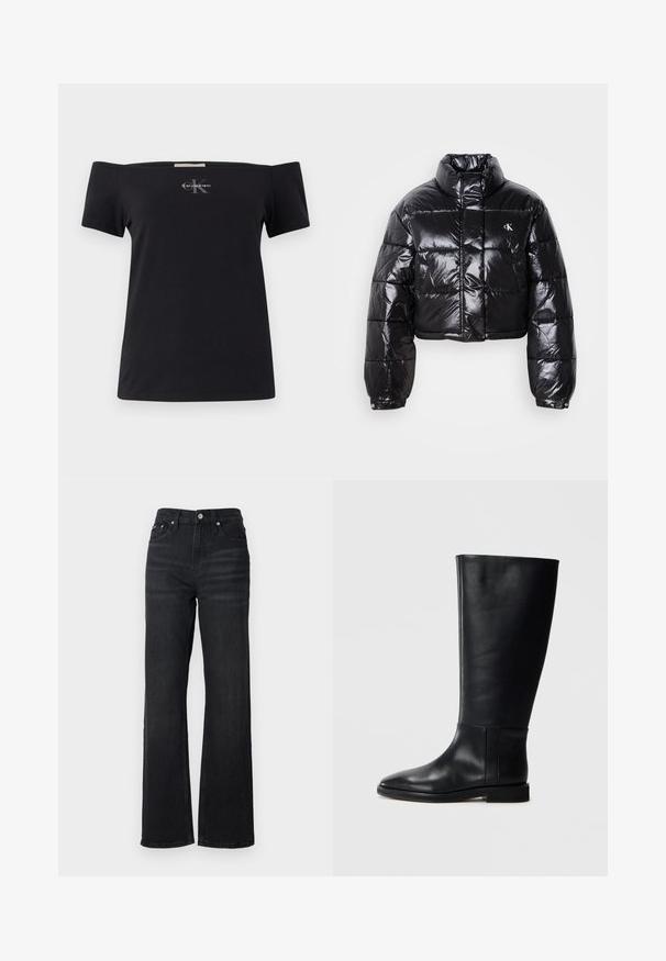 Lühendatud must puffer-jakk läikiva viimistlusega, kõrge krae, eeslukuga ja logodetailiga. Omab üleöö suuruseid varrukaid ja tikitud sektsioone.; Must järkjärguline t-särk mustast puuvillast, lühikeste varrukatega ja avatud õlgadega. Esiküljel on väike hall Calvin Kleini logo.; Mustadelle laiade jalad teksad mustas värviss, kõrge vöökohaga, viie taskuga kujundus ja hõbedane metallne nupp. Kanga tekstuur on sile ja veidi veniv.; Mustadast mustad nahast põlve kõrgus kingad, ümarate varvastega, siledast tekstuurist, minimalistlikus disainis ja lame tallaga. Lihtsad õmbluse detailid varrel.