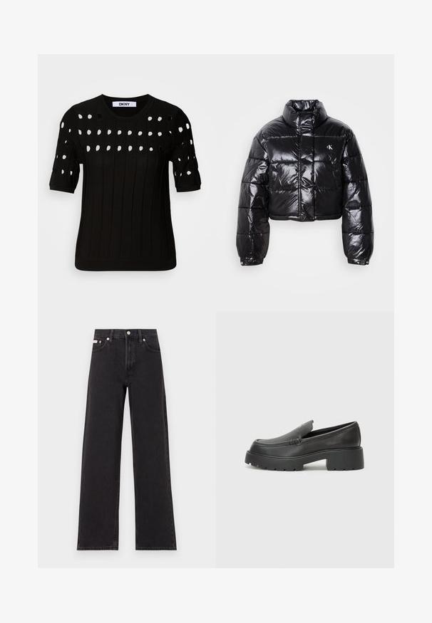 Casaco puffer preto cropped com acabamento brilhante, gola alta, fecho éclair à frente e detalhe de logótipos. Apresenta mangas oversized e secções acolchoadas.; Suéter preto de malha com mangas curtas, textura canelada e decote redondo. Vários cortes criam um padrão na parte da frente.; Jeans de perna larga pretos feitos de denim, apresentando uma cintura alta, estilo de cinco bolsos e um fecho em botão de metal com costura contrastante.; Mocassins de couro preto com bico arredondado, sola espessa e texturizada, e detalhes de costura minimalistas. Design elegante sem atacadores ou ferragens visíveis.