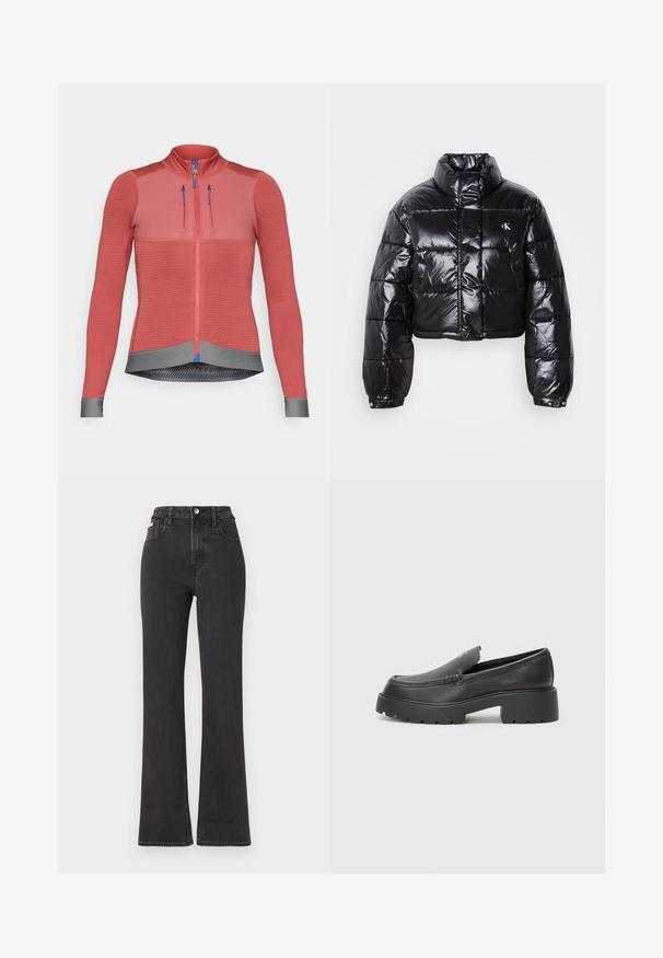 Veste doudoune noire coupée avec finition brillante, col haut, fermeture éclair à l'avant et détail de logo. Présente des manches surdimensionnées et des sections matelassées.; Veste de cyclisme de couleur framboise avec manches longues, tissu texturé, fermeture à glissière sur toute la longueur, ourlet gris, tirettes de fermeture éclair bleues et détails réfléchissants.; Jean noir taille haute évasé en denim, avec fermeture à bouton, passants de ceinture et poches latérales. Texture lisse avec un minimum de décoloration.; Mocassins en cuir noir avec un bout arrondi, une semelle épaisse et texturée, et des détails de couture minimalistes. Design épuré sans lacets ni métal visibles.