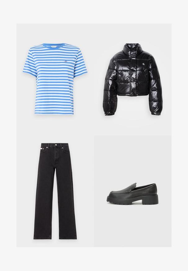 Kuttet svart dunjakke med glatt finish, høy krage, frontlås og logo-detalj. Den har overdimensjonerte ermer og quiltede seksjoner.; Blå og hvitstripete t-skjorte med kort erme laget av bomull, med rund hals og en liten brodert logo på brystet.; Svart bredbente jeans laget av denim, med høy livvidde, fem lommer, og metallknapp med kontrasterende søm.; Sorte skinnloafers med rund tå, tykk teksturert såle og minimale sømdetaljer. Strømlinjeformet design uten synlige snørebånd eller hardvarer.
