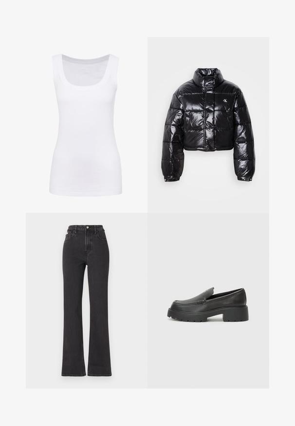 Skraćena crna jakna od puf materijala sa sjajnom završnom obradom, visokim ovratnikom, prednjim patentnim zatvaračem i detaljem s logotipom. Ima ogroman rukav i kviltane dijelove.; Bijeli bezrukavac majica izrađena od glatkog materijala, s okruglim izrezom i krojem koji prati liniju tijela. Nema vidljivih uzoraka ili akcenata.; Crne traperice s visokim strukom i proširenim dnom, izrađene od denima, s kopčanjem na dugme, petljama za remen i bočnim džepovima. Glatka tekstura s minimalnim izblijedjenjem.; Crne kožne loaferice s zaobljenim vrhom, debelim teksturiranim potplatom i minimalnim detaljima šivanja. Elegantna izrada bez vidljivih vezica ili metalnih elemenata.