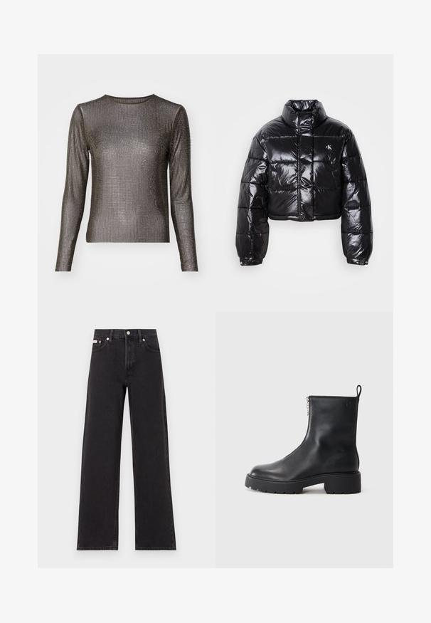 Fekete, fényes felületű, vágott pufi dzseki, magas gallérral, elülső cipzárral és logó részlettel. Tágas ujjakkal és steppelt részekkel rendelkezik.; Hosszú ujjú póló, amely testhezálló fazonnal és fémes hálós anyagból készült, a felületén apró, egyenletesen elhelyezett strasszokkal díszítve.; Fekete, bőszárú farmernadrág, magas derekú, öt zsebes kialakítással és fém gombos záródással, kontrasztos varrással.; Fekete bőr bokacsizma oldalsó cipzárral, kerek orral és masszív, texturált talppal. Finom márkajelzés az oldalon.