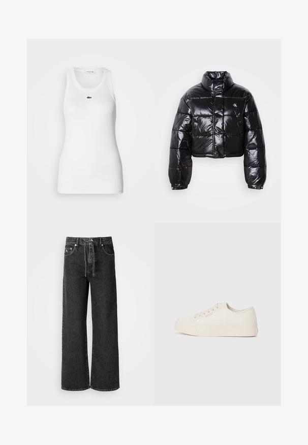 Lühendatud must puffer-jakk läikiva viimistlusega, kõrge krae, eeslukuga ja logodetailiga. Omab üleöö suuruseid varrukaid ja tikitud sektsioone.; Valge ilma varrukateta särgid, millel on ümmargune kaelus ja ribastekstuur. Esipaneelil on väike roheline Lacoste krokodillide logo.; Mustad mustad jalad teksad, mis on valmistatud denimist. Omab kõrget vöökohta, vöölõike, ees olevaid taskuid ja hõbedasi detailide aksessuaare.; Kergelt hallist kangast sneakers, madala disainiga, ümarate varvastega ja lamedate kummitaldadega, millel on peen õmblustehnika.