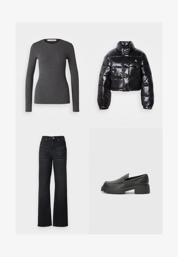 Izgriezta melna pūkainā jaka ar spīdīgu apdari, augstu apkakli, priekšējiem rāvējslēdzējiem un logotipa detaļām. Iezīmējas ar pārspīlētiem piedurknēm un quilted sekcijām.; Ilgi piedurkņu, apaļo kakla krekls tumši pelēkā krāsā, izgatavots no ribota auduma ar pieguļošu dizainu, ar gludu tekstūru un minimālu apdari.; Melni džinsu auduma platleņķa džinsi ar augstu jostasvietu, piecu kabatu dizainu un sudraba metāla pogu. Audumam ir gluda tekstūra un neliela stiepšanās.; Melnas ādas mokasīni ar noapaļotu purngalu, biezs teksturēts zoles un minimālas dūriena detaļas. Gluds dizains bez redzamām auklām vai metāla elementiem.