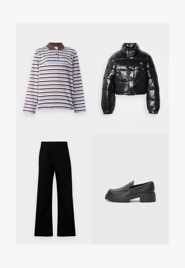 Kuttet svart dunjakke med glatt finish, høy krage, frontlås og logo-detalj. Den har overdimensjonerte ermer og quiltede seksjoner.; Samsøe Samsøe SADOVER - Topper langermet - raisin skyway; Sorte vide benklær laget av glatt stoff med høy midje, med knappeåpning og beltehemper, som gir en strukturert passform.; Sorte skinnloafers med rund tå, tykk teksturert såle og minimale sømdetaljer. Strømlinjeformet design uten synlige snørebånd eller hardvarer.