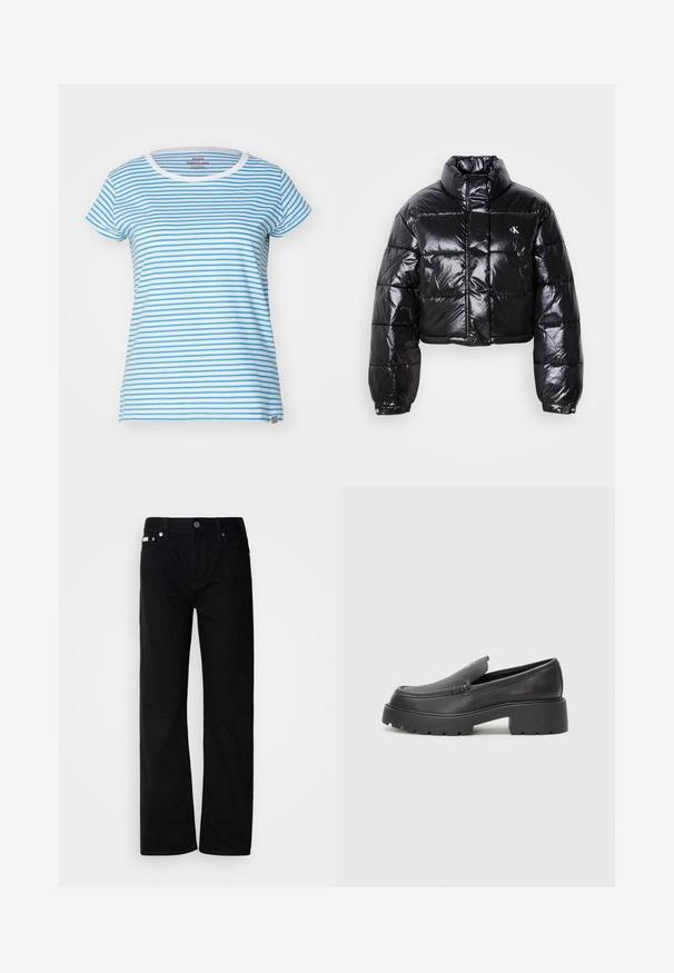 Zkrácená černá péřová bunda s lesklým povrchem, vysokým límcem, předním zipem a logem. Má široké rukávy a prošívané části.; Mads Nørgaard STRIPE TEASY TEE - Triko s potiskem - brilliant white/mediterranian blue; Černé džíny rovného střihu s pěti kapsami, stříbrnými nýty a zapínáním na knoflík. Látka má hladký, mírně texturovaný povrch.; Černé kožené mokasíny s okrouhlou špičkou, silnou strukturovanou podrážkou a minimálními detaily šití. Elegantní design bez viditelných tkaniček nebo kovových prvků.