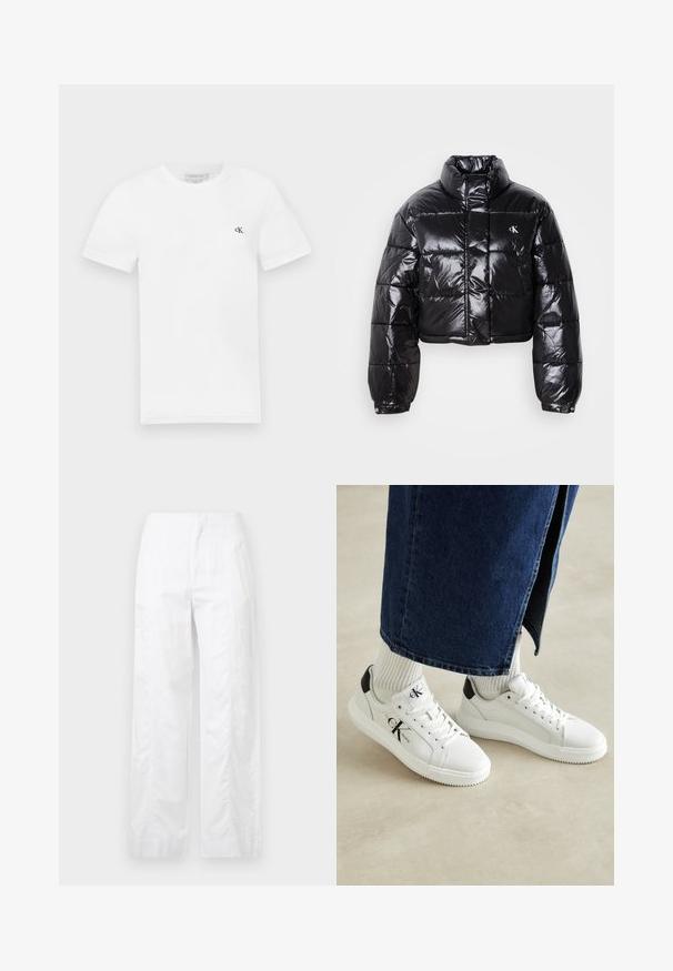 Giacca a vento nera cropped con finitura lucida, colletto alto, zip frontale e dettaglio con logo. Presenta maniche oversized e sezioni trapuntate.; T-shirt bianco in cotone con maniche corte e scollo rotondo. Presenta un piccolo logo nero "ck" sul lato sinistro del petto. Tessuto morbido.; Pantaloni bianchi a gamba larga realizzati in tessuto leggero, con una texture liscia, linee pulite e un design a vita alta.; Sneakers bianchi con tomaia in pelle liscia, accento nero sul tallone e dettagli per perforazione. Presentano una suola in gomma testurizzata e lacci.